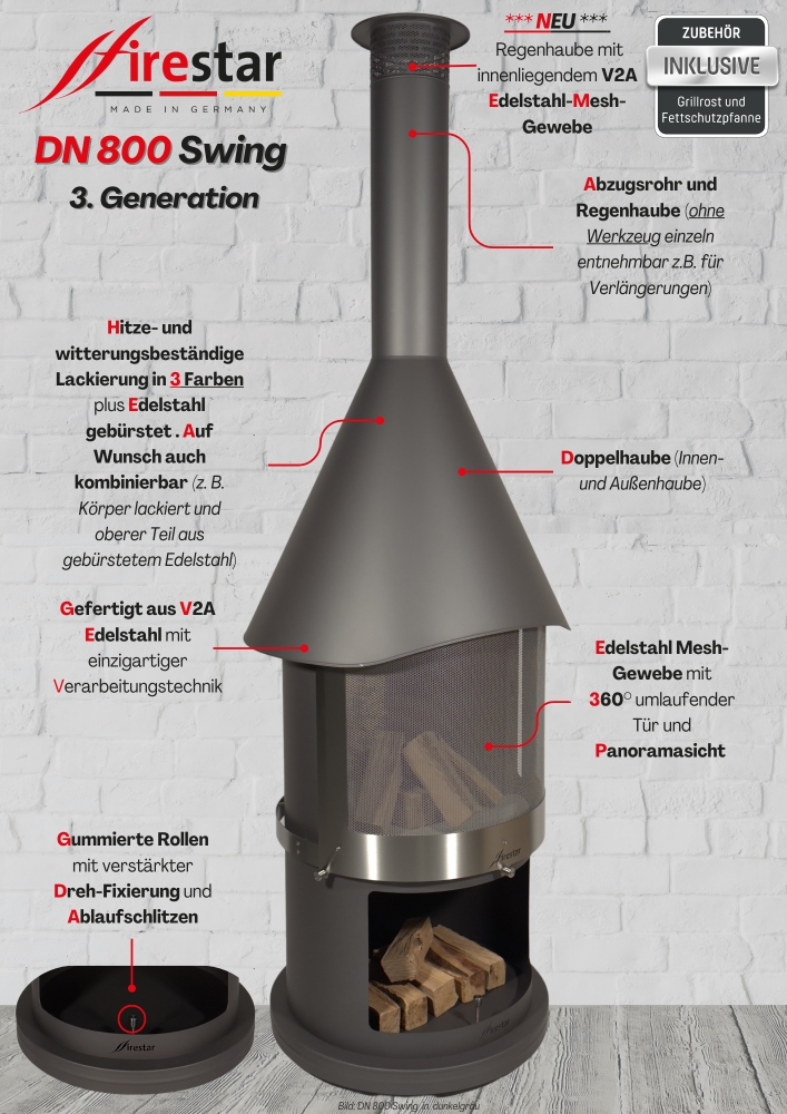 Bild 1 von Grillkamin Firestar DN 800 Swing 3. Generation inkl. Grillrost und Fettschutzpfanne